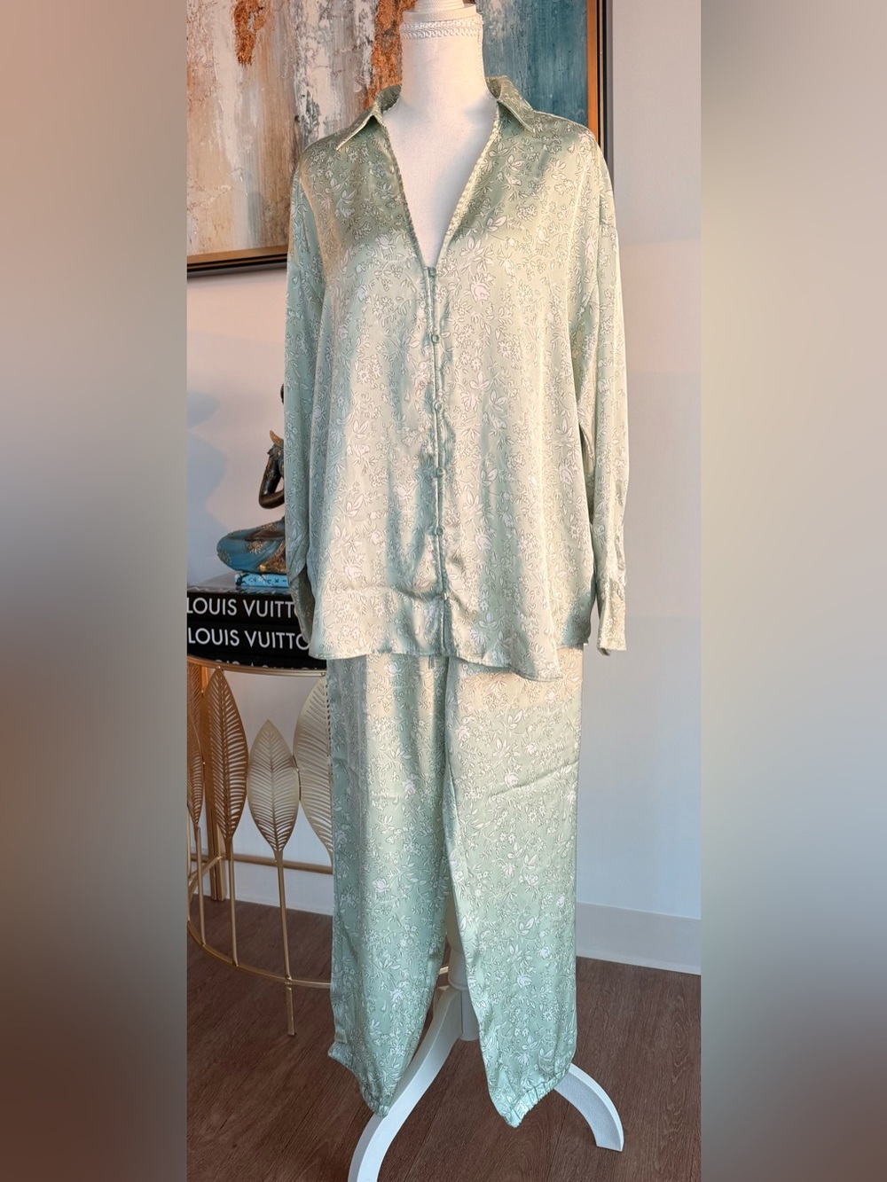 Silk-Blend Sage Green Paisley  Set - Button-Front Top & Pants